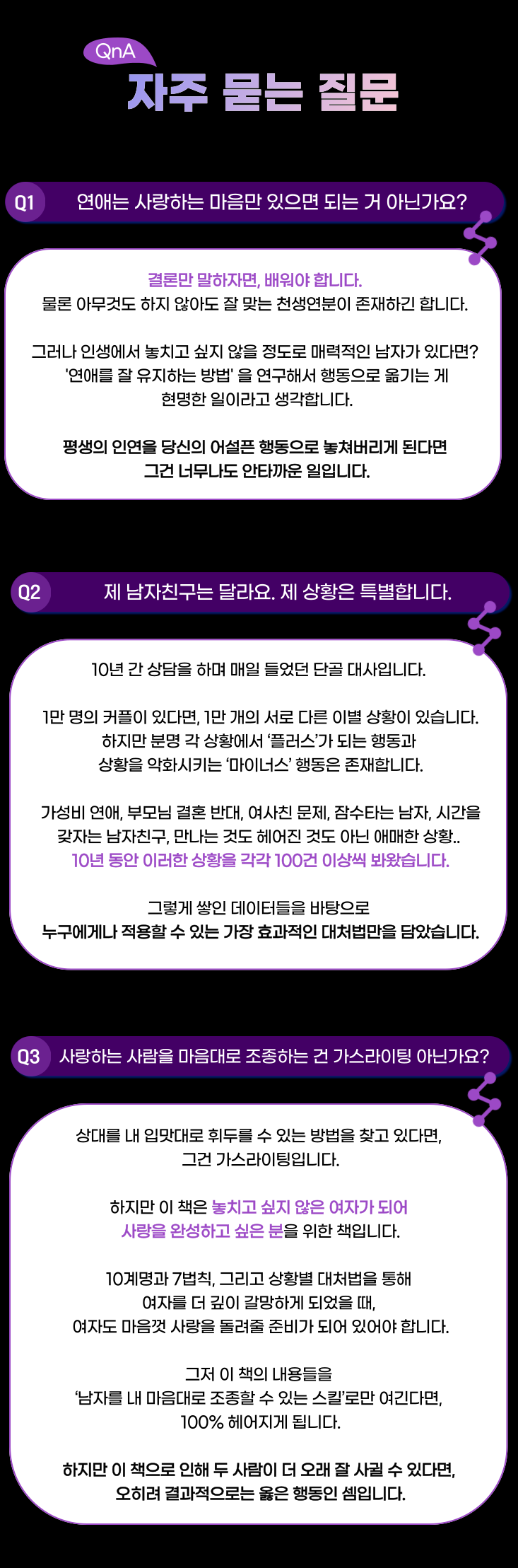 d5079a1a3bfcd5e60832cad4fe49218b_1690471333_1982.png 자주 묻는 질문 BESㅆQ1: 연애는 사랑하는 마음만 있으면 되는 거 아닌가요?A2: 결론만 말하자면, 배워야 합니다. 물론 아무것도 하지 않아도 잘 맞는 천생연분이 존재하긴 합니다. 그러나 인생에서 놓치고 싶지 않을 정도로 매력적인 남자가 있다면? '연애를 잘 유지하는 방법' 을 연구해서 행동으로 옮기는 게 현명한 일이라고 생각합니다. 평생의 인연을 당신의 어설픈 행동으로 놓쳐버리게 된다면 그건 너무나도 안타까운 일입니다.Q2: 제 남자친구는 달라요. 제 상황은 특별합니다.A3: 10년 간 상담을 하며 매일 들었던 단골 대사입니다. 이 책을 쓰기 위해 10년 동안의 상담 일지를 모두 뒤졌습니다. 1만 명의 커플이 있다면, 1만 개의 서로 다른 이별 상황이 있습니다.하지만 분명 각 상황에서 ‘플러스’가 되는 행동과 상황을 악화시키는 ‘마이너스’ 행동은 존재합니다. 가성비 연애, 부모님 결혼 반대, 여사친 문제, 잠수타는 남자, 시간을 갖자는 남자친구, 만나는 것도 헤어진 것도 아닌 애매한 상황.. 10년 동안 위에 언급한 상황을 각각 100건 이상씩 봐왔습니다. 
그렇게 쌓인 데이터들을 바탕으로 누구에게나 적용할 수 있는 가장 효과적인 대처법만을 담았습니다.Q3: 사랑하는 사람을 내 마음대로 조종하는 건 가스라이팅 아닌가요? A4: 상대를 내 입맛대로 휘두를 수 있는 방법을 찾고 있다면, 그건 가스라이팅입니다.
하지만 이 책은 놓치고 싶지 않은 여자가 되어 사랑을 완성하고 싶은 분을 위한 책입니다.10계명과 7법칙, 그리고 상황별 대처법을 통해 여자를 더 깊이 갈망하게 되었을 때, 여자도 마음껏 사랑을 돌려줄 준비가 되어 있어야 합니다. 그저 이 책의 내용들을 ‘남자를 내 마음대로 조종할 수 있는 스킬’로만 여긴다면, 100% 헤어지게 됩니다. 하지만 이 책으로 인해 두 사람이 더 오래 잘 사귈 수 있다면, 오히려 결과적으로는 옳은 행동인 셈입니다.