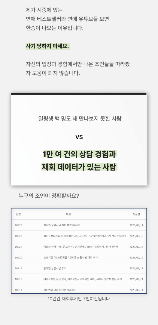 dc24c0ea9cc6d25856915fd83c1aa4ae_1695801566_2308.gif 자신의 입장과 경험에서만 나온 조언들을 따라봤자 도움이 되지 않습니다.일평생 백 명도 채 만나보지 못한 사람 vs. 1만 여 건의 상담 경험과 재회 데이터가 있는 사람누구의 조언이 정확할까요?